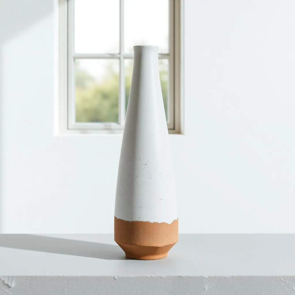 A tall narrow-necked stoneware vase in chalk white matte glaze with an uneven glaze line above a raw clay base