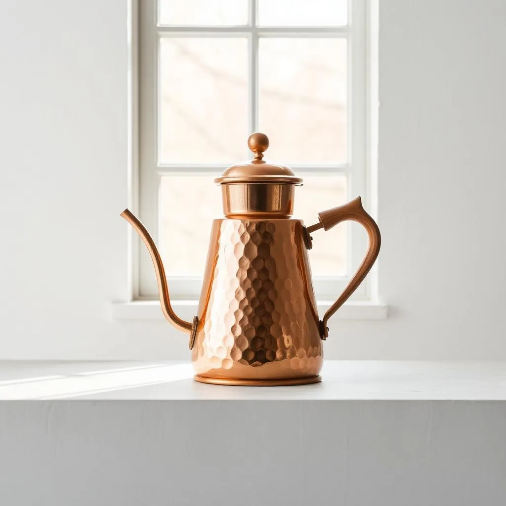A hammered copper pour-over kettle with a long swan-neck spout and turned timber handle, on a white bench by a window