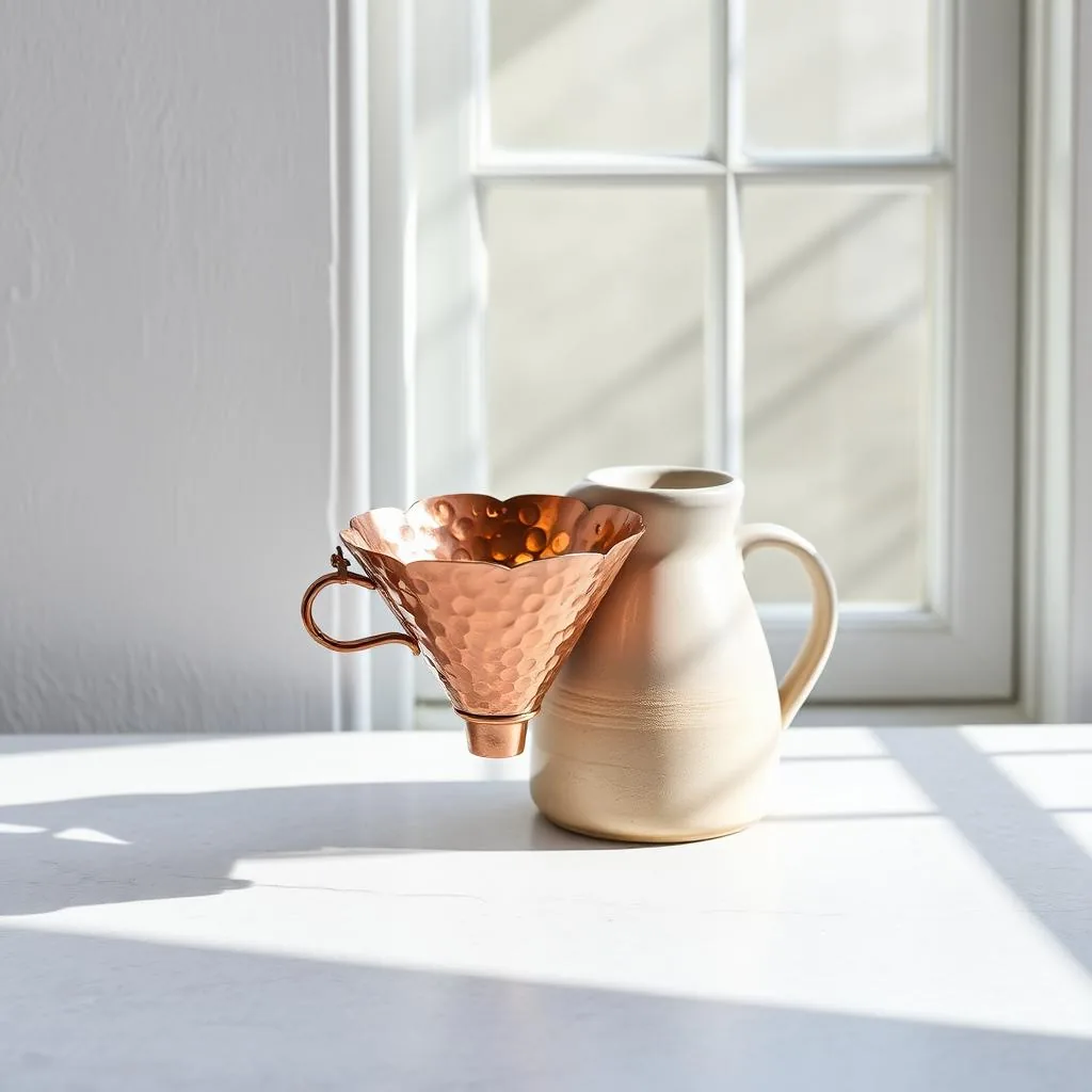 A hammered copper pour-over dripper cone beside a pale stoneware carafe in bright window light