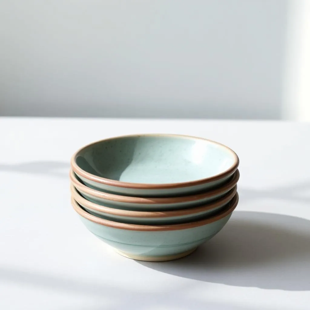 A stack of four shallow sea-green stoneware bowls on a pale surface