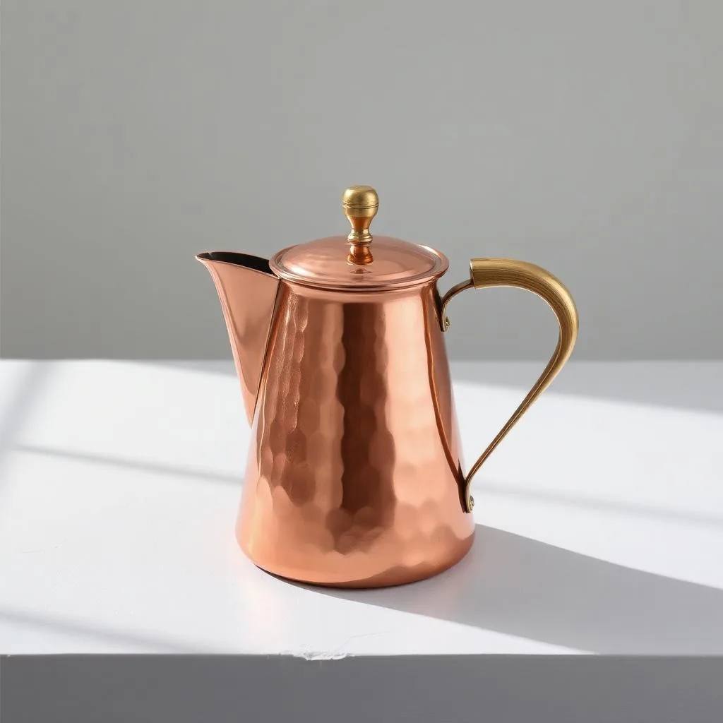 A hammered copper pour-over kettle with a timber handle on a pale surface