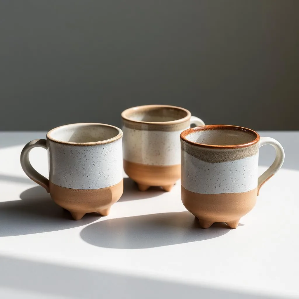 Three speckled stoneware mugs with unglazed clay feet on a pale surface