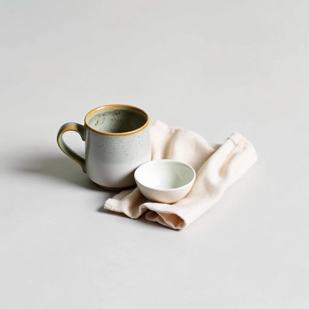 A stoneware mug and small bowl resting on a folded linen cloth