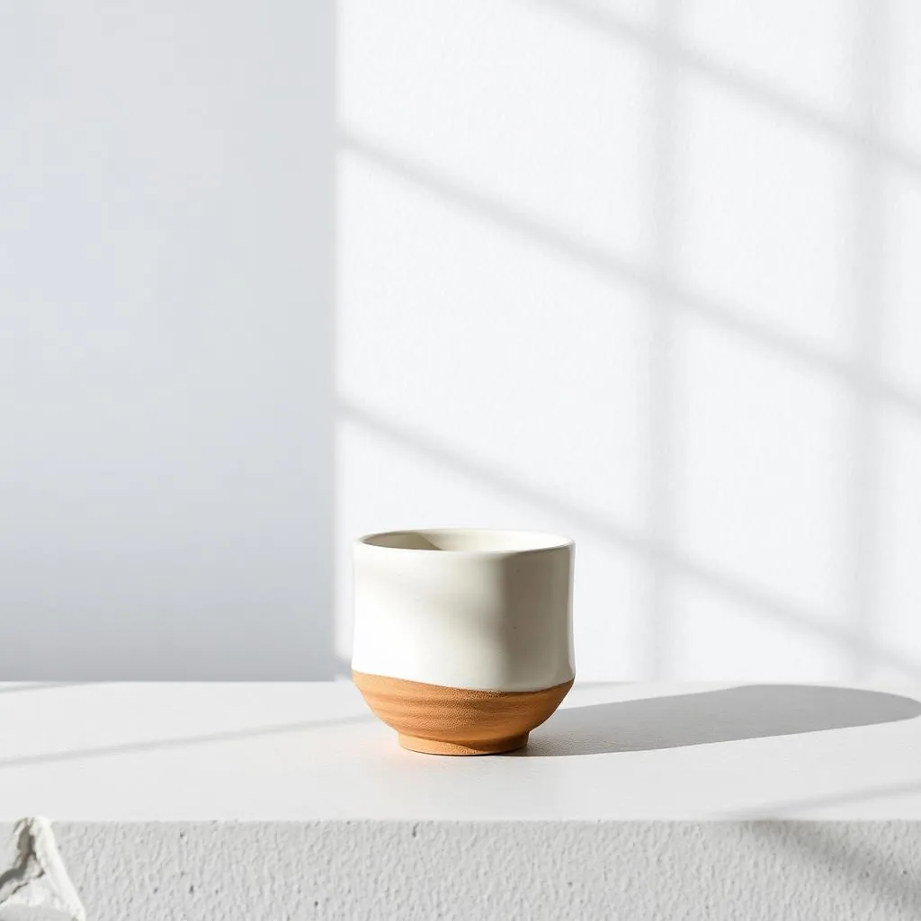 A short handleless stoneware tumbler in chalk white glaze with a raw clay foot, lit by window light against a white wall