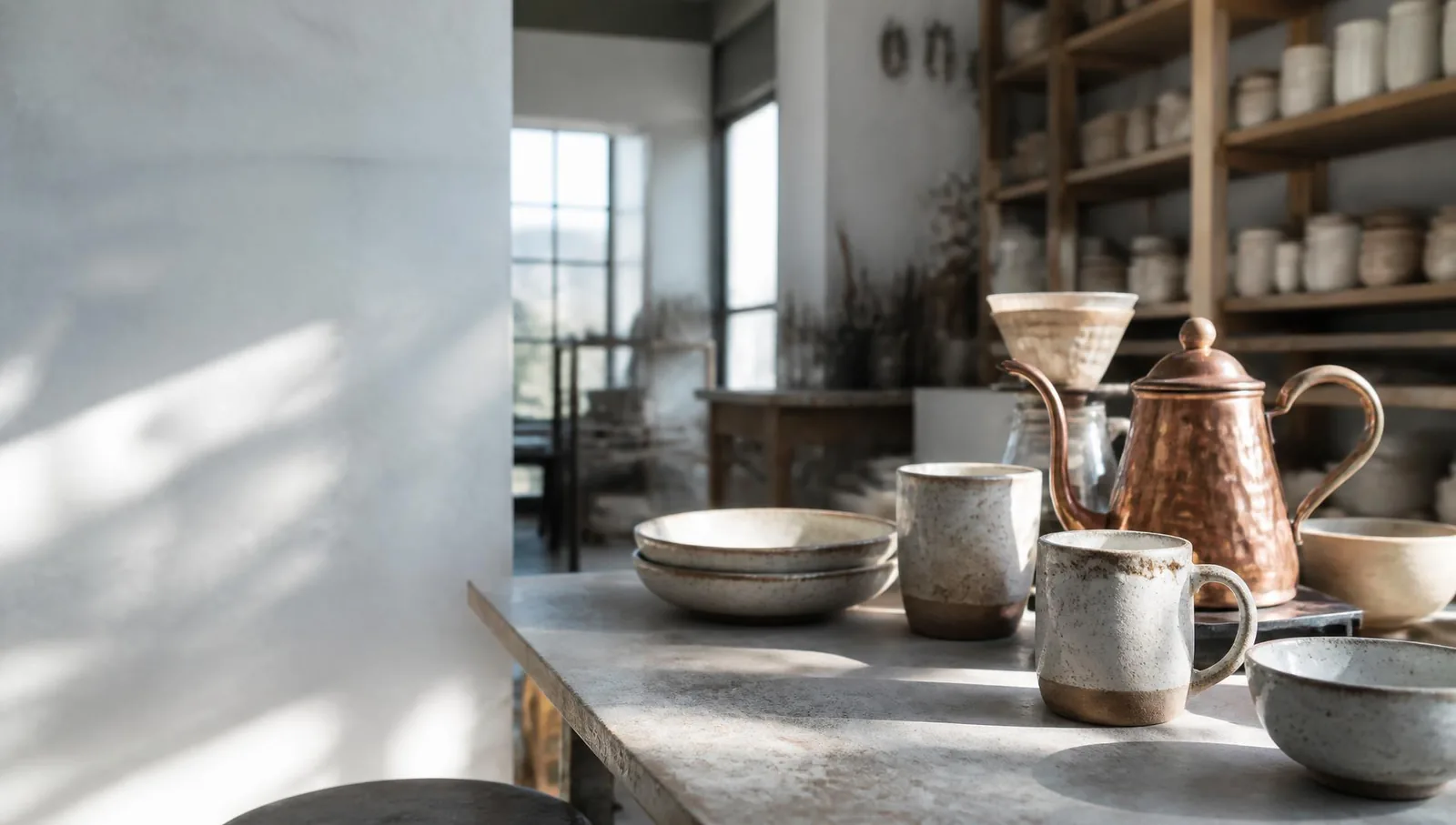 Speckled stoneware mugs and shallow bowls beside a hammered copper pour-over kettle on a workshop bench in Fremantle, mid-morning light across a white plaster wall