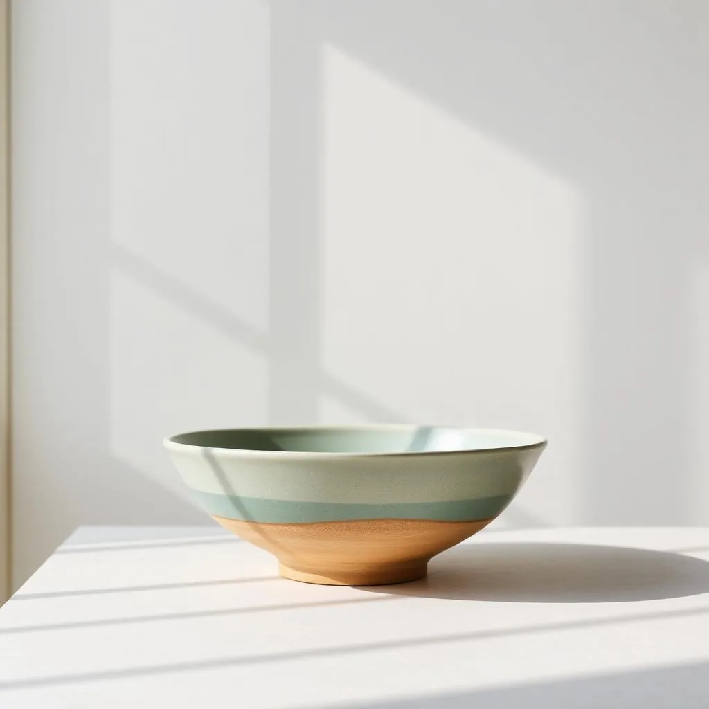A wide shallow stoneware bowl glazed sea green, breaking to pale grey at the rim above a raw clay foot