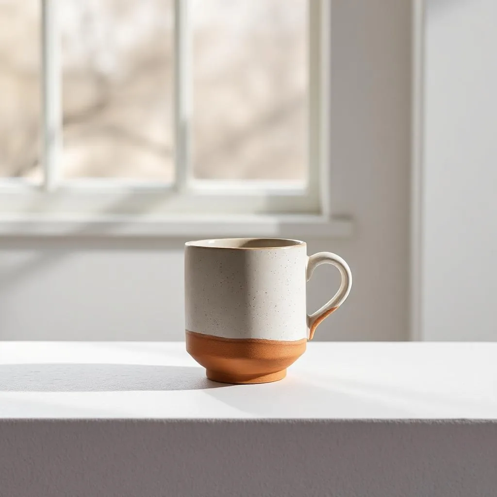 Speckled stoneware Salt Flat mug with a matte oatmeal glaze pooling above a raw clay foot, on a pale bench in morning light