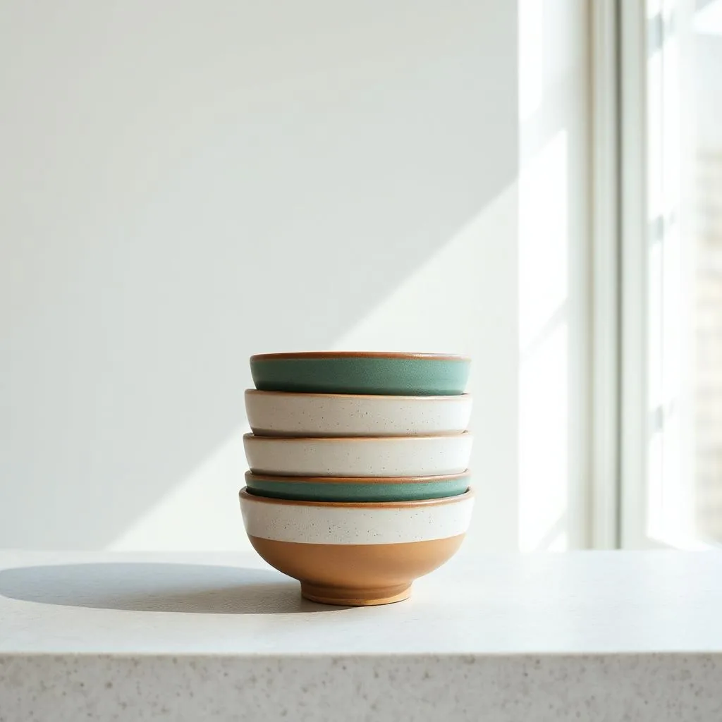 Four speckled stoneware bowls stacked in alternating sea green and chalk white glazes on a pale bench