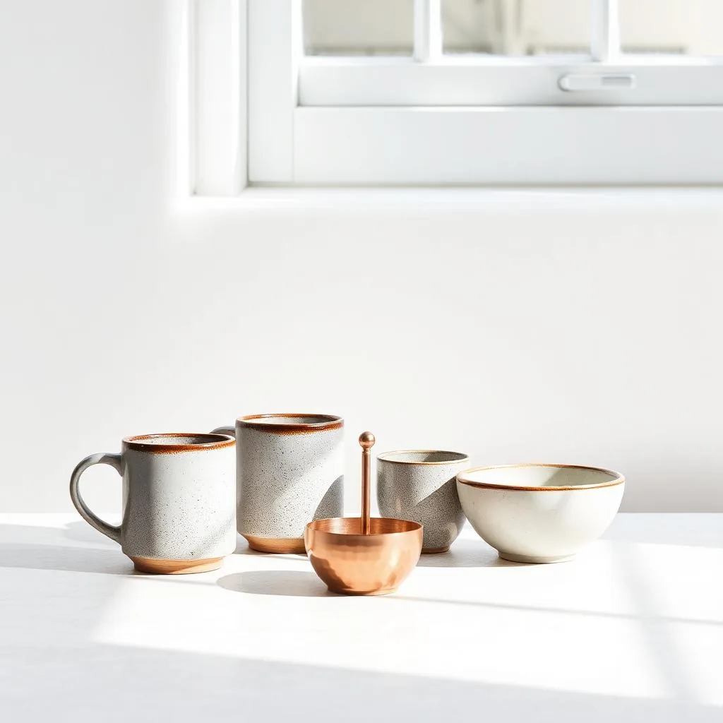 Two speckled stoneware mugs, two bowls and a small hammered copper piece grouped together as a gift set on a white bench