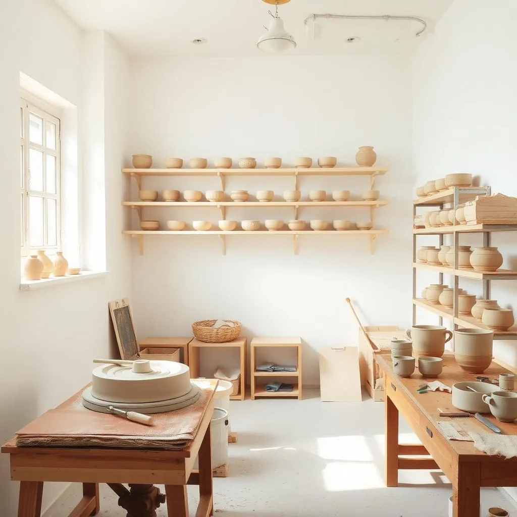 The Fremantle workshop: white walls, plywood shelves of unglazed pots drying, a wheel and a timber bench dusted with clay